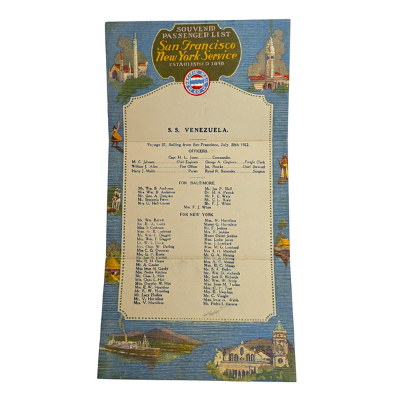 Other - SS Venezuela 1922 Souvenir Passenger List San Francisco To New York Voyage 27